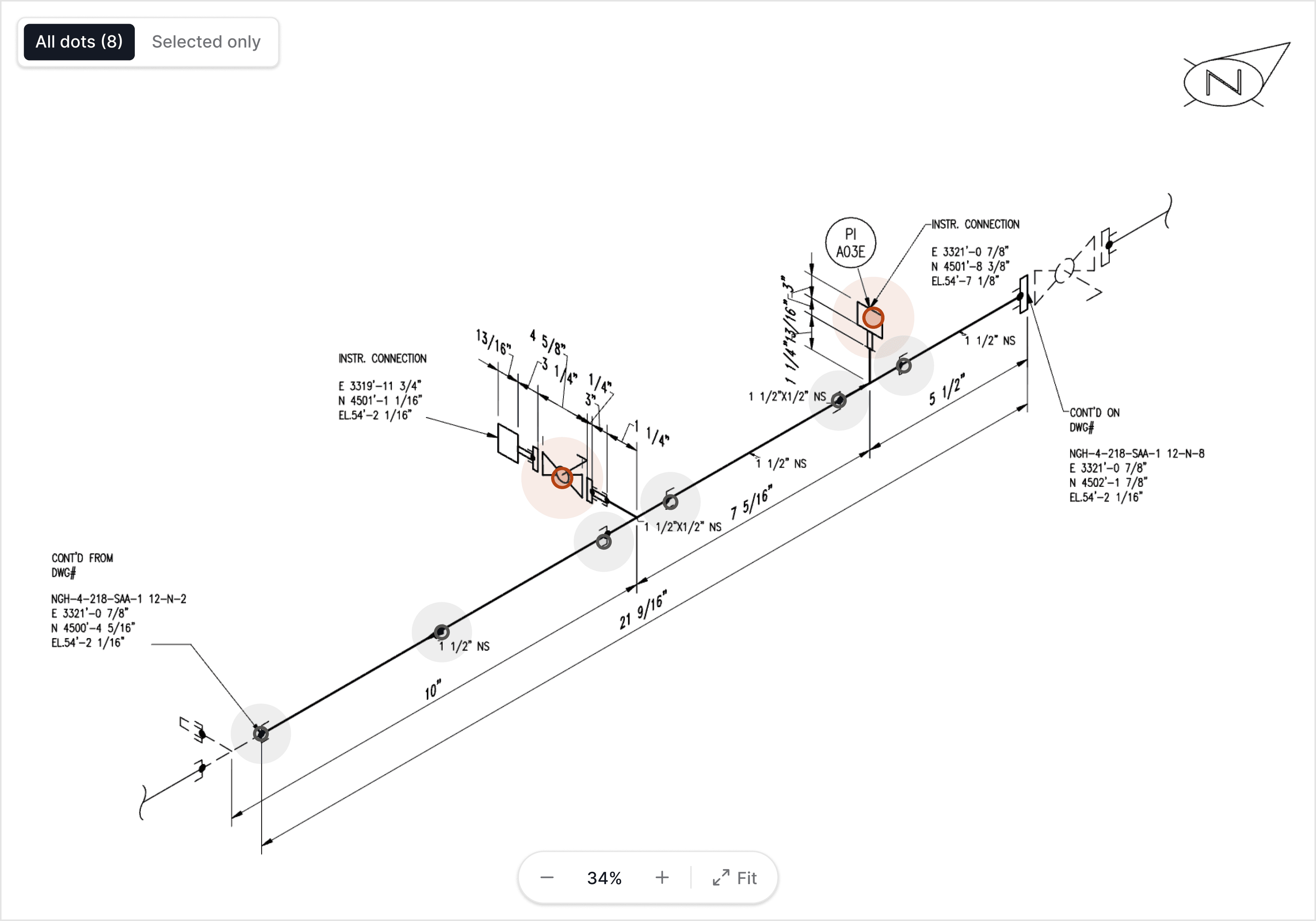 Isometric drawing marked up by theTakeoff, each counted item pinned on the sheet