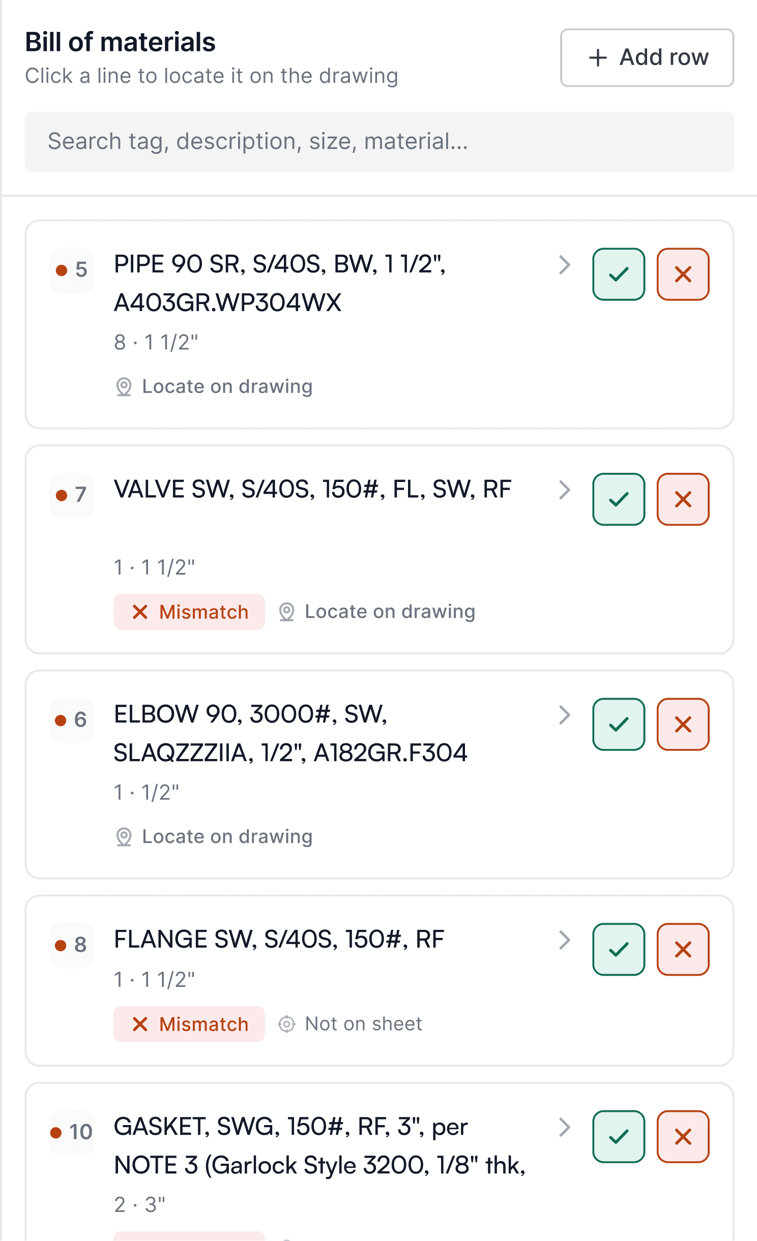 Bill of materials panel listing each detected item with a locate-on-drawing action