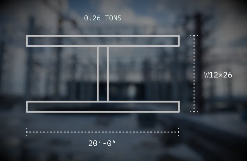 A W12×26 wide-flange section, 20 feet long at 0.26 tons, drawn over a steel frame