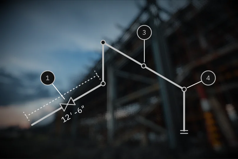 A piping isometric with numbered welds drawn over a steel structure