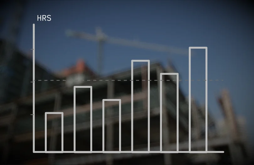 A bar chart of estimating hours drawn over a building under construction