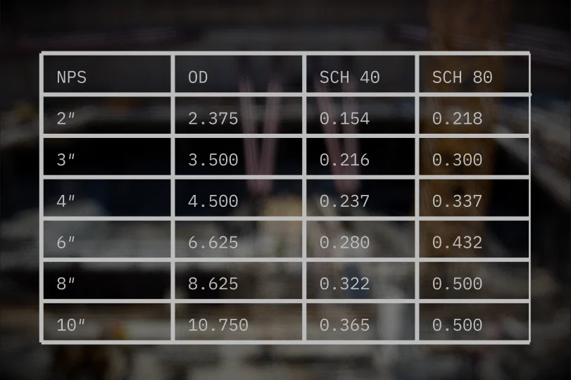 A pipe schedule table of NPS, OD and Schedule 40 and 80 walls over a blurred plant