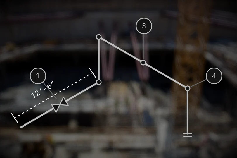 A piping isometric with a 12′-6″ run and numbered fittings over a steel structure