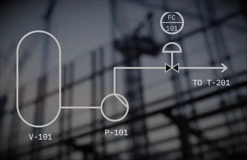 A P&ID sketch — vessel V-101, pump P-101 and flow controller FC-101 — drawn over scaffolding