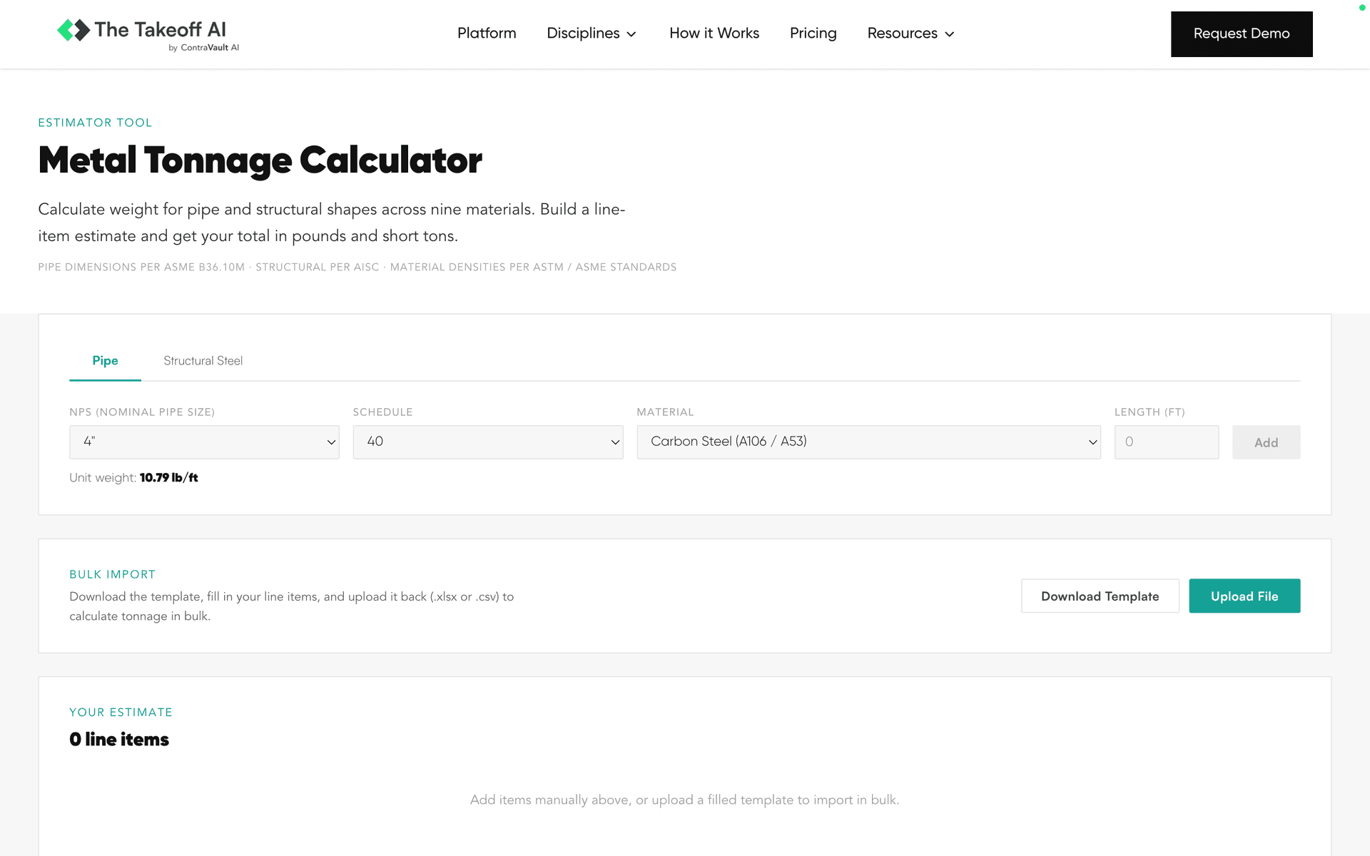 Pipe weight calculator with dropdowns for nominal pipe size, schedule and material, and a section for uploading a bulk line-item template
