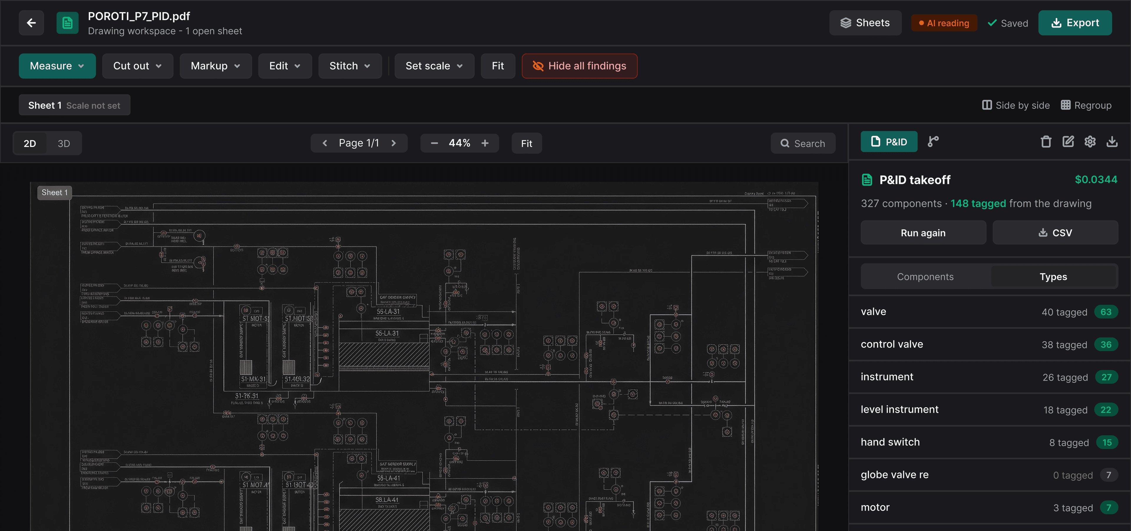 theTakeoff drawing workspace reading a P&ID and listing tagged components